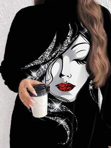 EMERY ROSE Plus Size Women Colorblock Striped Print Casual Minimalist Turtleneck Long T-Shirt,  Graphic Tees Women Oversized Ladies Black Long Sleeve Top Black Graphic Shirt Fashion Autumn Print Design,Flower/Spring/Summer/Vacation - Multicolor - View 7