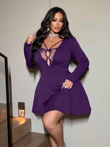 NU&NOW Váy chữ A dài tay tối giản màu trơn ren chắp vá gợi cảm cho nữ cỡ lớn - Màu tím - Xem 1