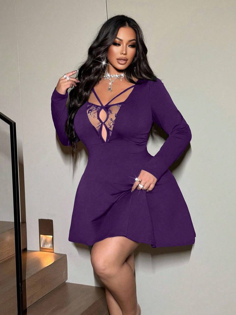 NU&NOW Váy chữ A dài tay tối giản màu trơn ren chắp vá gợi cảm cho nữ cỡ lớn - Màu tím - Xem 1