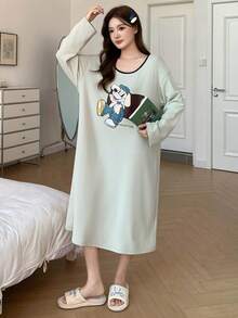 DAZY Autumn/Winter Brushed Cartoon Dog Pattern Loose Fit Long T-Shirt Style Women Sleep Dress, Moo Moo Night Dress - Green - View 6