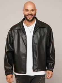 EASEVO Plus Size Men's Fashionable Street-Style PU Leather Zip-Up Long Sleeve Jacket - Black - View 5