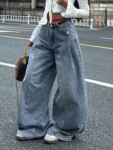 DAZY Quần jeans ống rộng cạp cao phong cách thường ngày Y2k dành cho nữ mùa thu - Màu xanh lam - Xem 2