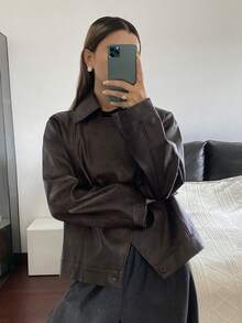 DAZY 女士休闲PU皮夹克，常规版型，秋季女式外套 - 咖啡棕 - 查看 4