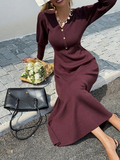 Livesso Women's V-Neck Puff Sleeve Cinched Waist Sweater Dress, Autumn/Winter