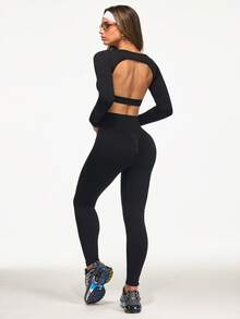 Eassivo Eassivo Women's Seamless Black 2 Piece Workout Set,Long Sleeve Open Back Crop Top & High Waist Scrunch Leggings, Yoga Outfit Gym Activewear - Black - View 2