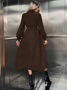 Almamuse Đầm tay đèn lồng cài nút phía trước màu trơn thường ngày cho nữ, mùa thu - Cà phê nâu - Xem 3
