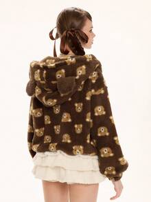 ROMWE Kawaii Cute Bear Double-Sided Fleece Print Hooded Jacket With Bear Ears Zipper Front For Women, Long Sleeve