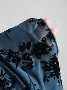 Sweetra 女士优雅复古网纱植绒长袖修身迷你连衣裙 - 寶藍色 - 查看 6