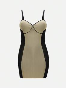 SHEIN 1pc Seamless Sexy S-Shaped Bust Waist Hip Shaping Dress, Black & Apricot Color Block, Plus Size - Black - View 1
