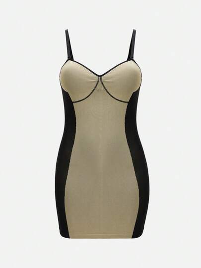 SHEIN 1pc Seamless Sexy S-Shaped Bust Waist Hip Shaping Dress, Black & Apricot Color Block, Plus Size