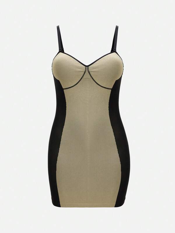 SHEIN 一件式无缝性感S型胸腰臀塑形连衣裙，黑色和杏色拼接，加大码