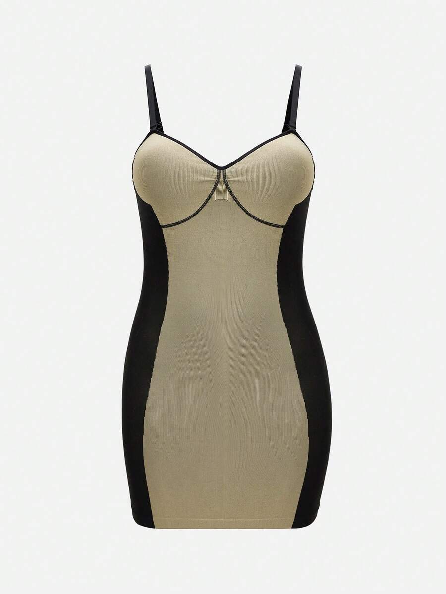 SHEIN 1pc Seamless Sexy S-Shaped Bust Waist Hip Shaping Dress, Black & Apricot Color Block, Plus Size - Black - View 1