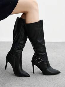 CUCCOO BIZCHIC Botas Pretas Altas até o Joelho de Fivela de Alta Qualidade para Outono/Inverno, Botas Femininas Elegantes de Bico Fino e Salto Fino, Botas Longas Versáteis e da Moda de Novo Estilo, Exibindo Charme Feminino e Elegância - Preto - Visão 4
