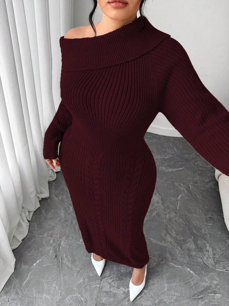 Elenzga 女士加大码宽松针织毛衣连衣裙，露肩设计，休闲外套，大码，秋冬款 - 酒紅色 - 查看 1