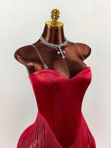 Amplova Váy dự tiệc hở lưng viền tua rua màu đỏ dành cho nữ - Đỏ - Xem 5