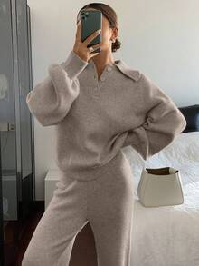 Livesso Women's Casual Collared Sweater And Pants 2 Pieces Set, Autumn