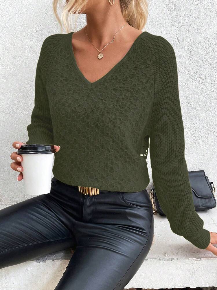 SHEIN LUNE Women's Casual Solid Color Lace Patchwork Hollow Back Sweater, Autumn  Pullover Sweaters For Women Dark Green Top Green Long Sleeve Top Olive Green Top Army Green Top Women Lace Back Top - Green - View 3