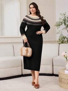 Modelyn Plus Size Casual Geometric Pattern Knit Dress, Autumn/Winter - Black - View 4