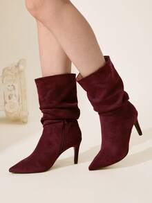 CUCCOO CHICEST 女士秋冬新款褶皱尖头细高跟优雅通勤百搭经典舒适黑色仿麂皮绒中筒靴，适合约会、工作、万圣节、圣诞节、感恩节等场合，用途广泛。 - 紅色 - 查看 4