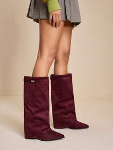 Daringsoles Giày bốt cao cổ mũi nhọn, đế dày, chất liệu da lộn, có tua rua, dáng ôm, dành cho nữ - Màu Đỏ Sâu - Xem 4
