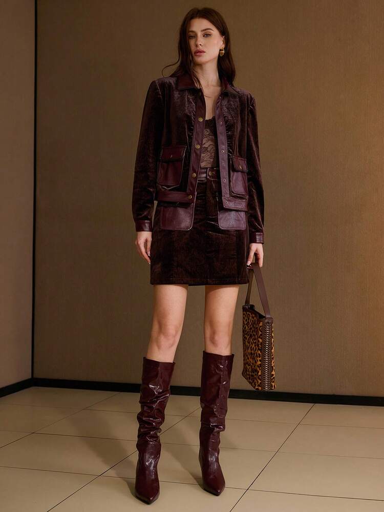 WOMEN'S SOLID COLOR VELVET PATCHWORK LEATHER DECORATIVE ROPE POCKET ELEGANT LONG SLEEVE JACKET