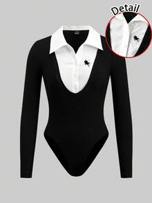 SHEIN EZwear 休闲简约马匹图案印花二合一衬衫领连体衣（女款） - 彩色 - 查看 3