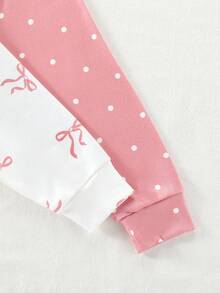 SHEIN 女婴睡衣两件套，长袖套头衫和打底裤，舒适针织面料，可爱波点蝴蝶结印花图案 - 彩色 - 查看 4