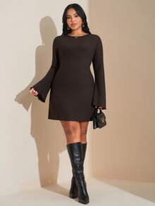 SHEIN Tall CURVE 1 件女士休闲纯色优雅喇叭袖连衣裙，春夏 - 棕色 - 查看 8