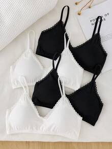 4件套少女基础撞色简约纯色吊带文胸，带可拆卸胸垫，棉质蕾丝V领文胸