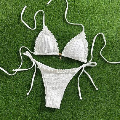 女性用 無地ジャガード生地ホルターネック メタルデコレーション フリルビキニセット、春夏