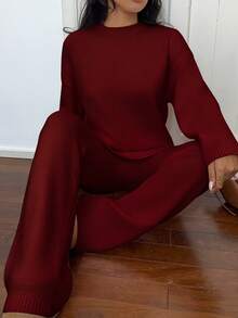 SHEIN Unity Bộ 2 áo len dài tay cổ tròn màu trơn cho nữ và quần - Màu Đỏ Sâu - Xem 5