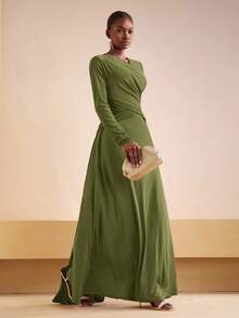 Zivah 2025 初秋夏季新款日常约会通勤商务女士优雅沙滩游轮派对简约流行生日派对高端交叉露背长袖针织拼接缎面亮面面料女士修身长裙-A - 軍綠色 - 查看 6