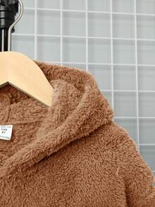 SHEIN 男童休闲刺绣双面羊毛连帽套头衫 - 卡其色 - 查看 7