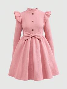 Teen Girl Elegant Stand Collar Cap Sleeve Midi Dress With Bow Decor