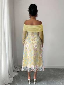Modelyn Vestido plisado de manga larga con hombros descubiertos, parches de malla y bordados para mujer de talla grande - Amarillo - Ver 2