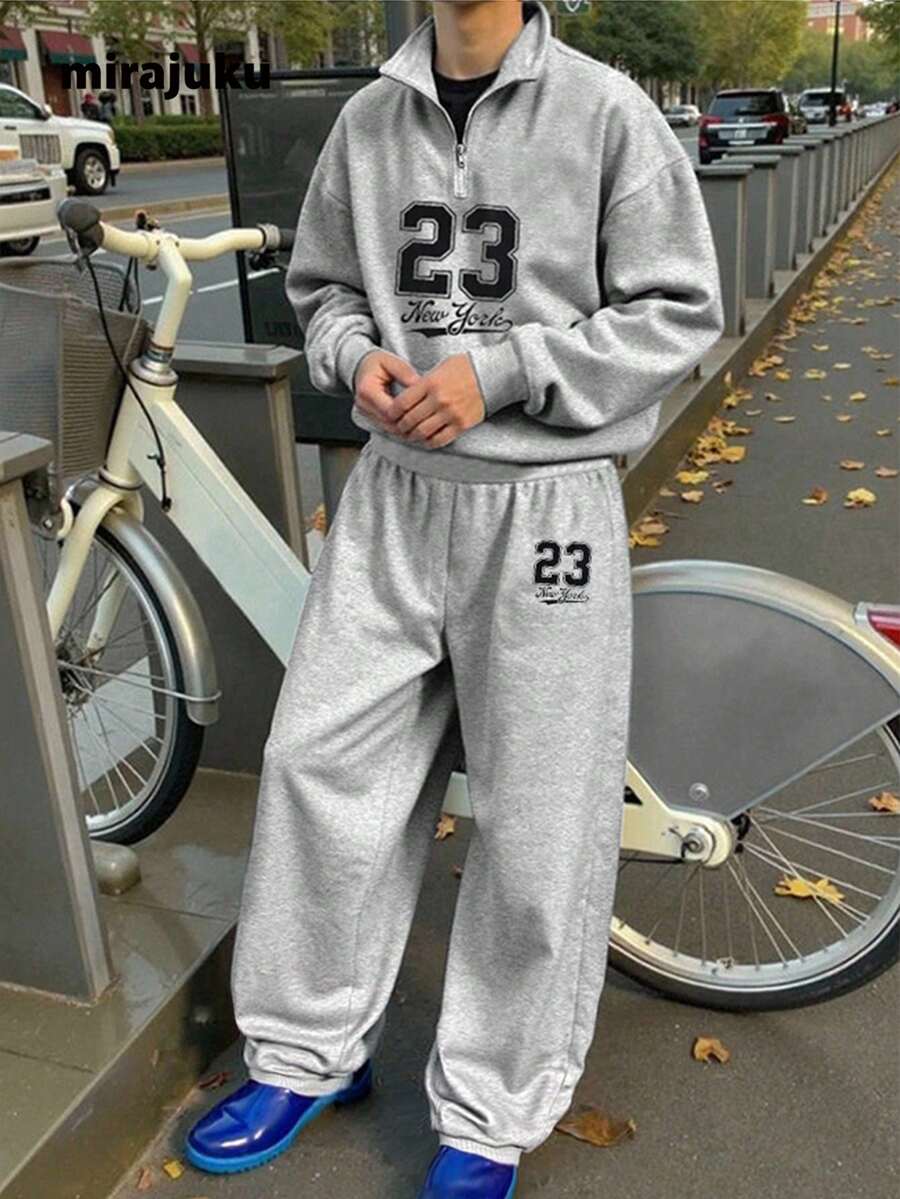 2 piezas Conjunto de sudadera con capucha y pantalón de chándal con estampado de letras para adolescentes varones, con cuello alto y cremallera, y cordón, adecuado para otoño, invierno, primavera, deportes al aire libre, campus, uso casual