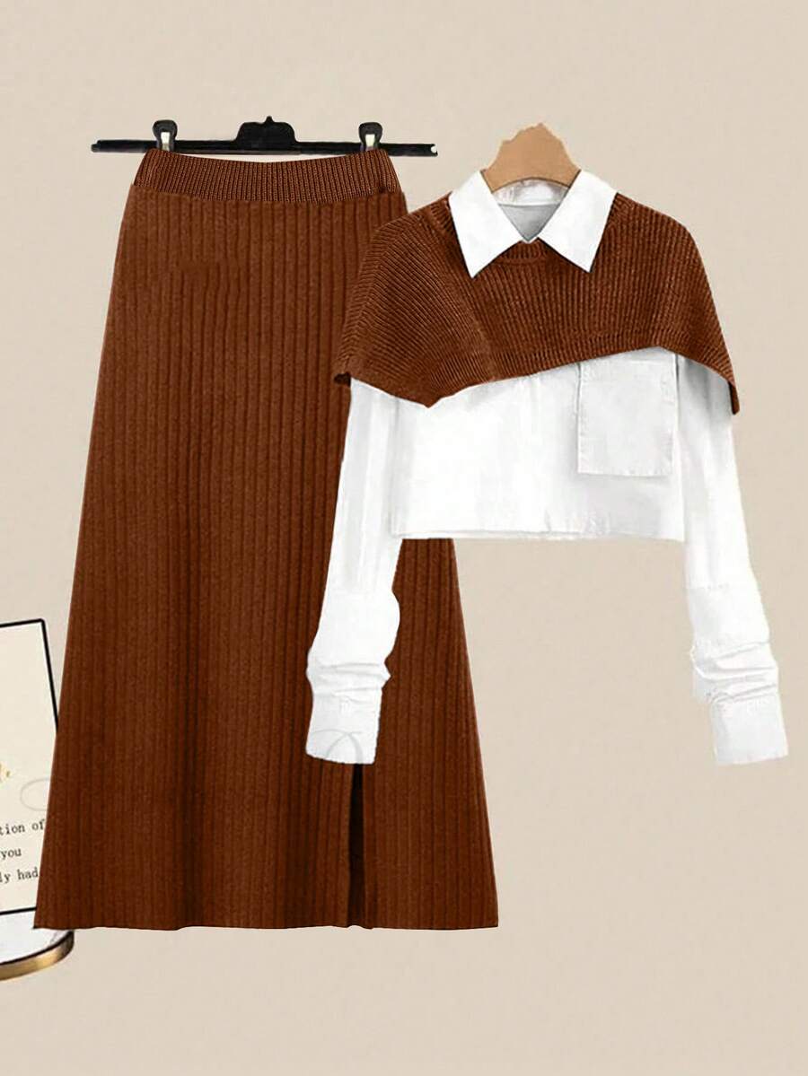 Lyxana Women's Casual & Formal 2 Pieces Set: Cropped Top And Knit Skirt, Suitable For Work And Commute, Autumn/Winter - Redwood - View 1