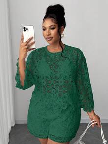 Maweii Chiếc áo kiểu cỡ lớn màu xanh lá cây thanh lịch, gợi cảm với họa tiết ren hoa này rất phù hợp cho mùa xuân, mùa thu, năm mới và Giáng sinh. Lý tưởng cho trang phục đi nghỉ mát, mùa hè và các bữa tiệc. - màu xanh lá - Xem 6