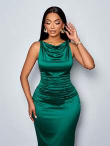 SOLERSUN Women's Elegant Solid Color Drape Neck Ruched Sleeveless Party Dress,Perfect For Banquets