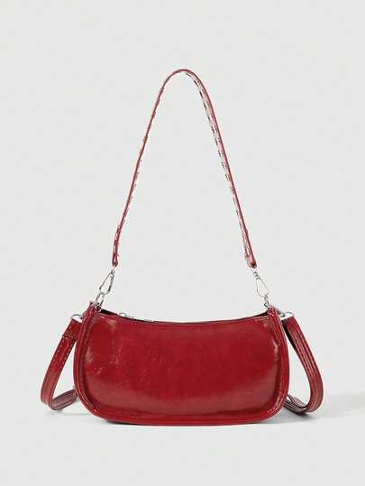 ROMWE Grunge Punk Fashionable Vintage Rectangular Handbag, Women Rivet Decor Underarm Bag, Classic Zipper Shoulder Bag