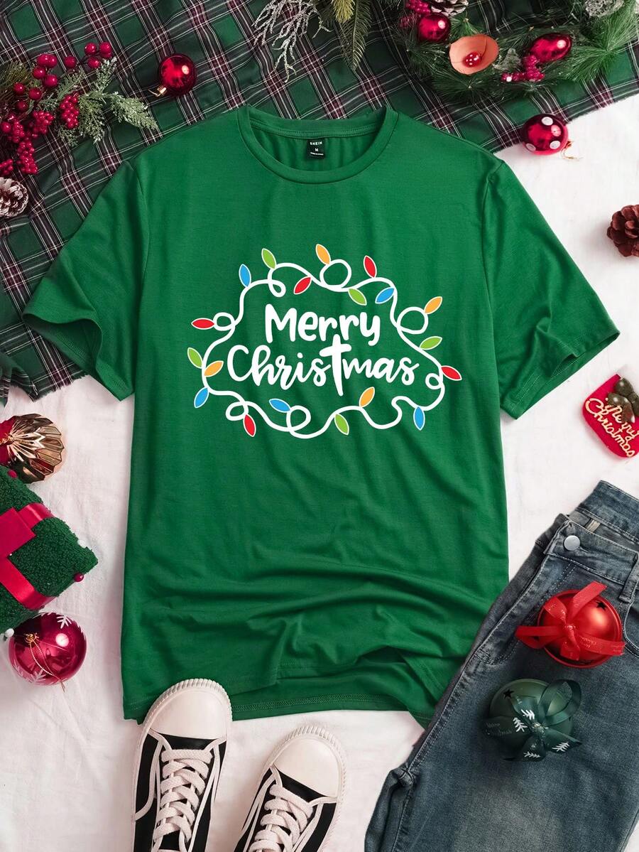 Manfinity Joysei 男士圆领短袖字母印花简约休闲上衣，日常穿着 - 綠色 - 查看 1