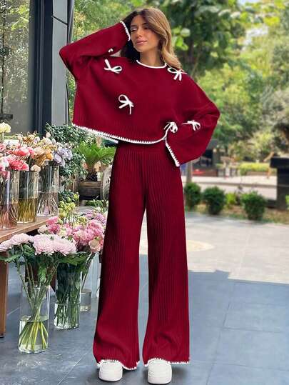 EURMUSE 2pcs Bow Decor Contrast Trim Knitted Sweater And Pants Set