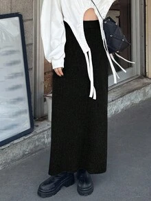 FRIFUL 女士纯色深灰色罗纹针织弹力腰直筒半身裙，显瘦，适合度假、秋季和冬季穿着。 - 黑色 - 查看 3