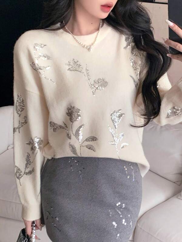 DAZY Women's Loose Floral Sequin Decor Round Neck Long Sleeve Casual Elegant Knit Sweater, Autumn/Winter