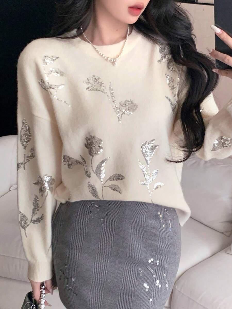 DAZY 女士宽松花卉亮片装饰圆领长袖休闲优雅针织毛衣，秋冬嘉年华 - 米色 - 查看 1