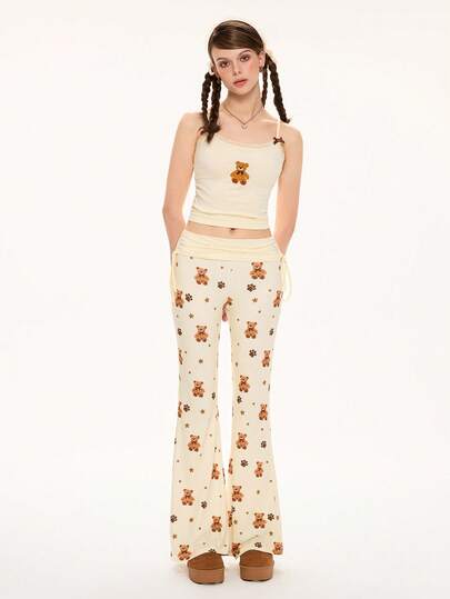 Kawaii 2 pièces/Set Femme Blouse en dentelle brodée d'ours mignons et Pantalon évasé à imprimé d'ours tout-sur-tout