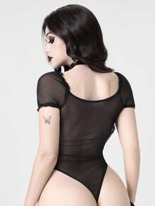 ROMWE Avant Wednesday Halloween Character Puff Sleeve Bodysuit - Black - View 3
