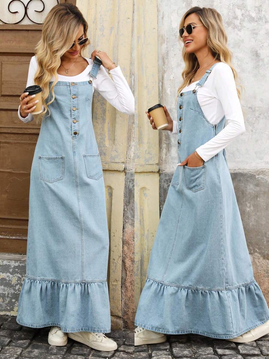 EMERY ROSE 女式休闲牛仔连衣裙，带荷叶边下摆、纽扣前襟、口袋和可调节肩带 - 中等水洗藍 - 查看 1