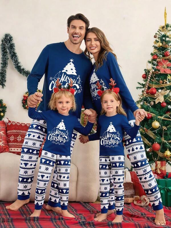 SHEIN 1 Set fröhliche Weihnachten Jungen Kuschel-Fit Pyjamas, Langarm-Top mit Weihnachtsbaum Grafik und "Fröhliche Weihnachten" Text, passende einfarbige Hose mit Weihnachtsbaum und Schneeflocken Muster, weiche und bequeme Schlafanzug-Set