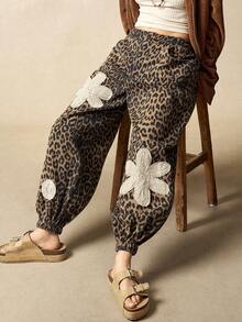 Bohemela 女士休闲豹纹宽松裤，适合冬季、圣诞节、新年穿着 - 棕色 - 查看 4